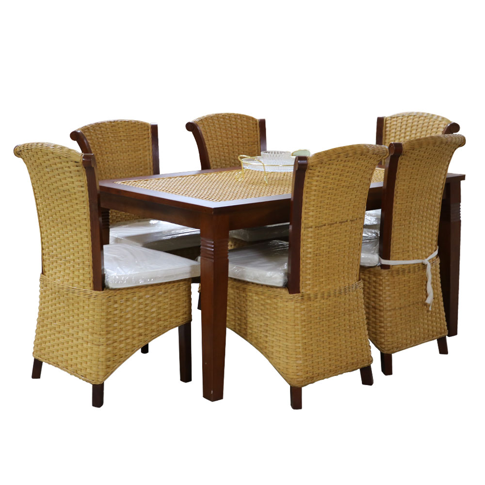 峇里島風藤編餐桌組-一桌六椅